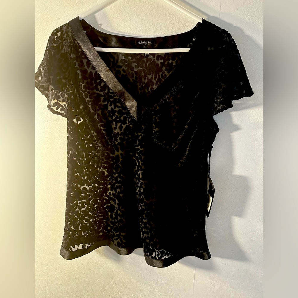 DAISY FUENTES  black Sheer Velvet Satin Lace Blouse Shirt Top Women Size Large